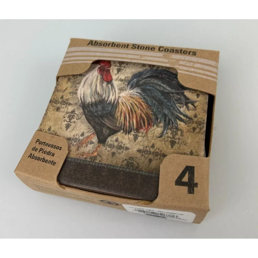 NEW Counter Art Rooster Stone Coasters, Absorbent Cork Backed Farmhouse Gift